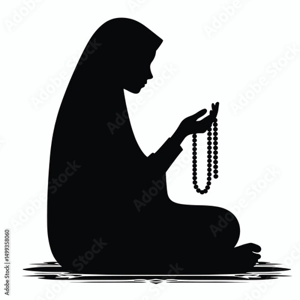 Fototapeta Vector Silhouette of Muslim Girl in Hijab Reciting Tasbih Minimal Black Art on White Background