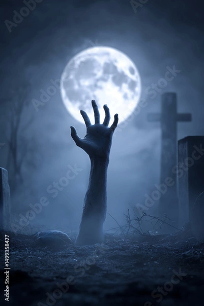 Fototapeta A zombie hand rising out of the dirty floor at the graveyard in eerie misty and full moon night. Undead, Horror and Halloween concept

