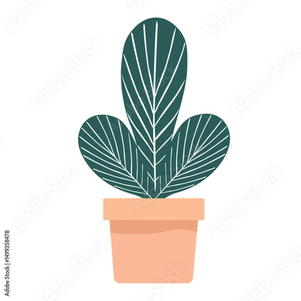 Obraz Illustration of  dark green plant with white veins in  beige pot. Flat design. One icon isolated on  white background.