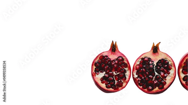 Fototapeta Pomegranate halves, close-up view.  Juicy, ruby-red seeds