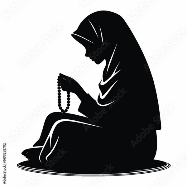 Fototapeta Vector Silhouette of Muslim Girl in Hijab Reciting Tasbih Minimal Black Art on White Background