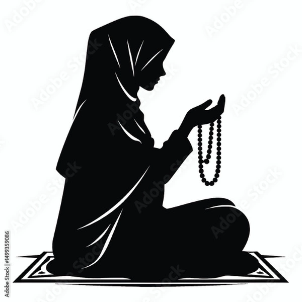Fototapeta Vector Silhouette of Muslim Girl in Hijab Reciting Tasbih Minimal Black Art on White Background
