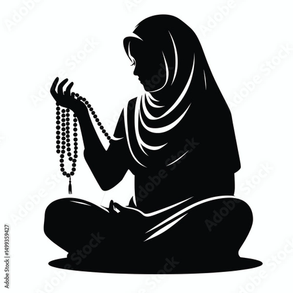 Fototapeta Vector Silhouette of Muslim Girl in Hijab Reciting Tasbih Minimal Black Art on White Background