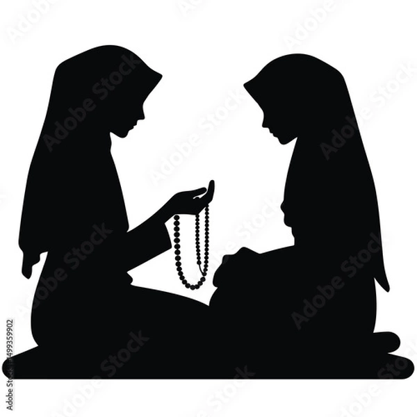 Fototapeta Vector Silhouette of Muslim Girl in Hijab Reciting Tasbih Minimal Black Art on White Background