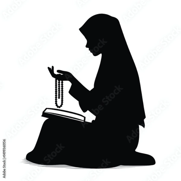 Fototapeta Vector Silhouette of Muslim Girl in Hijab Reciting Tasbih Minimal Black Art on White Background