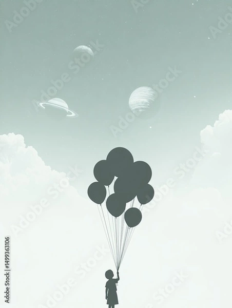 Fototapeta Silhouette figure with balloons in a sky filled with planets.