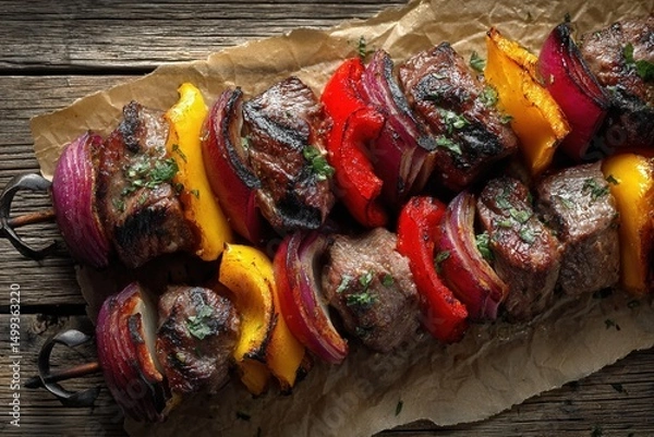 Fototapeta Flatlay of Beef Shish Kebab with Grilled Peppers and Onions on Rustic Surface, AI Generated
