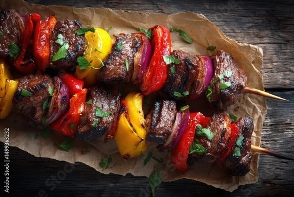 Fototapeta Flatlay of Beef Shish Kebab with Grilled Peppers and Onions on Rustic Surface, AI Generated