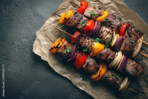 Fototapeta Flatlay of Beef Shish Kebab with Grilled Peppers and Onions on Rustic Surface, AI Generated