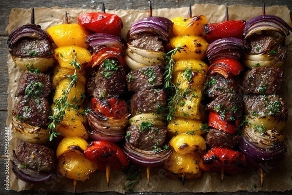 Fototapeta Flatlay of Beef Shish Kebab with Grilled Peppers and Onions on Rustic Surface, AI Generated