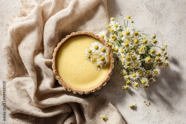 Fototapeta Flatlay of Lemon Tart with Chamomile Flowers on Light Linen Surface, AI Generated