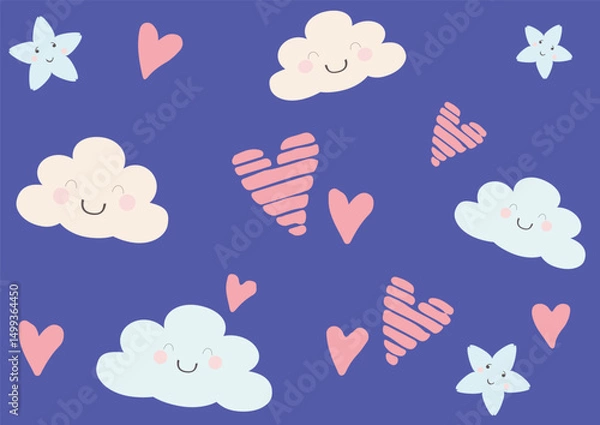 Obraz Hand drawn hearts, smiling clouds, smiling blue stars, purple-blue sky. Seamless pattern vector.