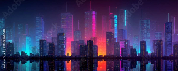 Fototapeta Colorful city skyline with vibrant neon lights reflected in the water. Skyscrapers illuminated in shades of blue, pink, and orange.