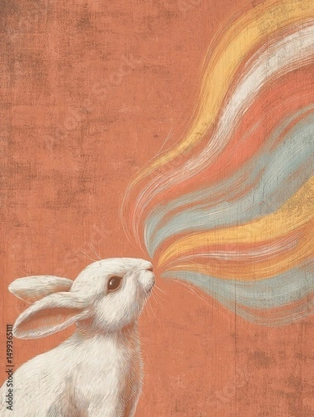 Fototapeta A whimsical illustration of a white rabbit exhaling colorful wisps.