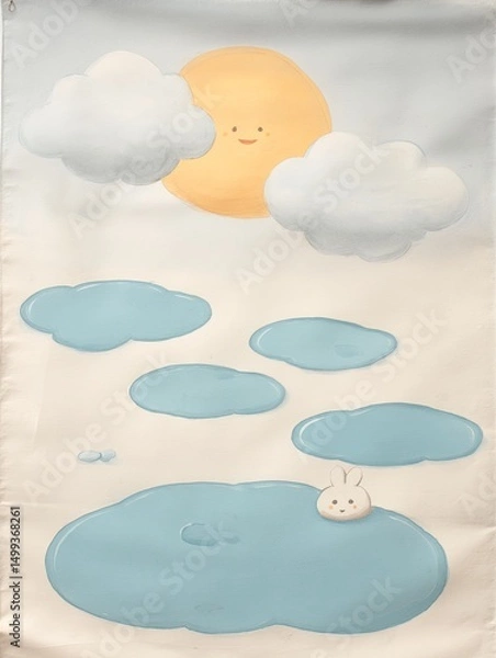 Fototapeta Pastel colored scene with a sun and clouds above a serene pond.
