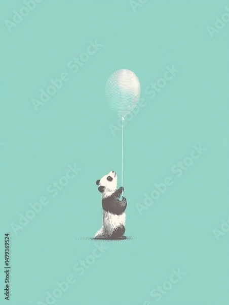 Fototapeta A light teal background showcasing a small panda holding a pale balloon.
