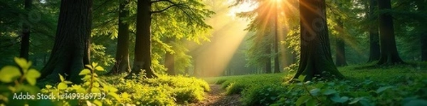Fototapeta Lush green fir trees bathed in the warm summer sun, vibrant foliage, dappled light filtering through branches A peaceful summer scene in a coniferous forest , nature, serenity
