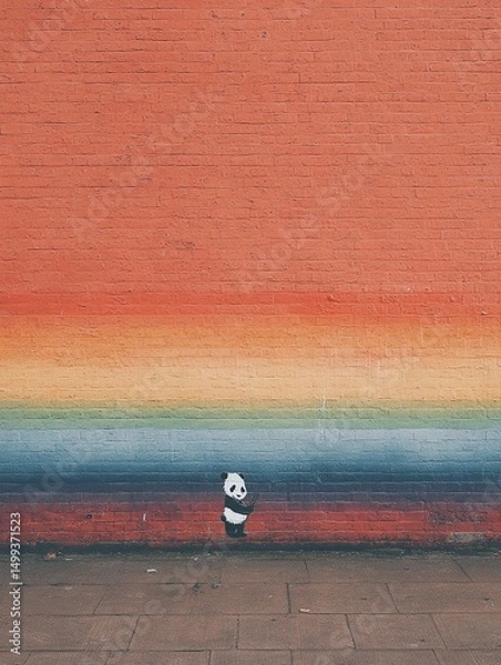Fototapeta Colorful mural with a panda design on a brick wall.