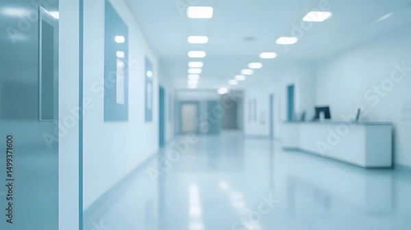 Fototapeta Blurred modern laboratory room with scientific background in white and light blue tones