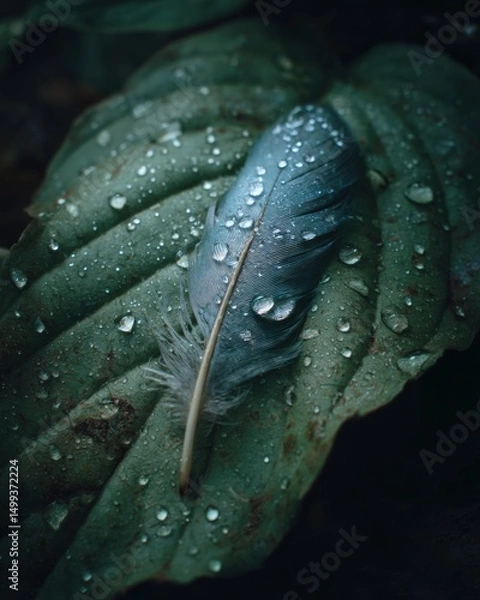 Fototapeta Feather on Wet Leaf