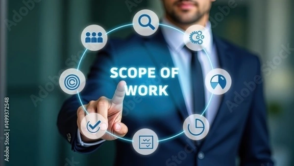 Fototapeta Businessman pointing at a scope of work interface.