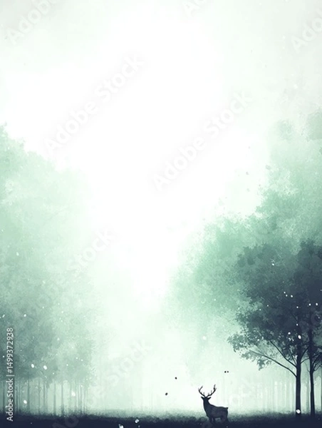 Fototapeta Misty forest scene with a solitary deer.