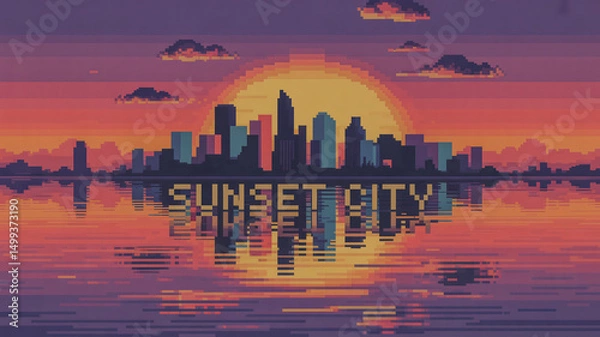 Obraz Pixelated city skyline against a vibrant sunset over calm waters