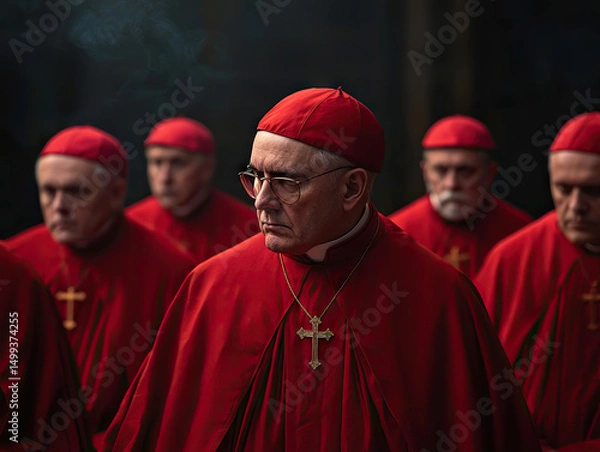Fototapeta Group of Catholic cardinals dressed in red robes and hats, standing solemnly in dimly lit setting