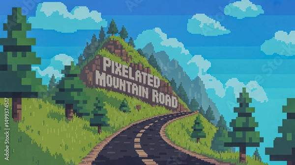 Obraz Pixelated mountain road retro pixel art landscape