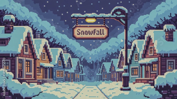 Obraz Pixelated winter town with snow-covered rooftops retro game style