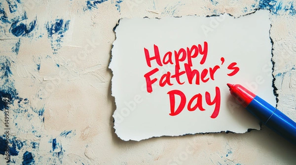 Obraz Torn edge and black border add texture to "Happy Father's Day" written in red marker on white paper, isolated against a light brown background for a warm and rustic Father's Day visual.