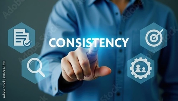 Fototapeta A person touches a glowing word of consistency on a digital interface.