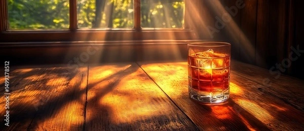 Obraz Sunlit Whiskey, Cabin Table, Woods