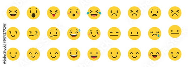 Obraz Set of emoji reactions for social media. Emoji reactions. Funny emoticons faces with facial expressions. Vector illustration eps 10
