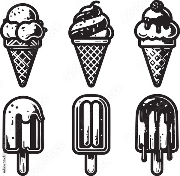 Fototapeta Black and White Ice Cream and Popsicle Line Art Icons – Minimalist Vector Set