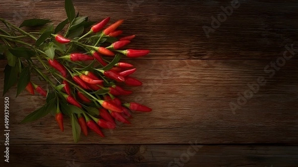 Fototapeta Vibrant red chili peppers arranged artistically on a rustic wooden table in a warm, inviting setting during late afternoon light