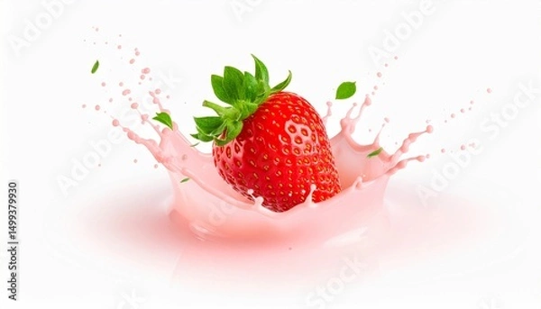 Fototapeta A single strawberry plunging into a splash of light pink liquid against a white background.