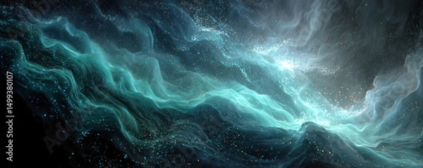 Obraz Vivid turquoise nebula with sparkling dust, a cosmic spectacle of ethereal beauty and wonder, illuminating the vast expanse of space.