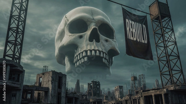Obraz Post-apocalyptic skyline with giant skull-shaped clouds