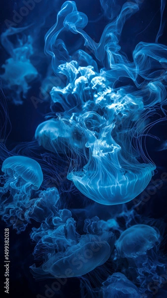 Obraz Underwater ballet: Jellyfish gracefully drift in a serene, azure environment. Gentle light filters through, enhancing the scene.