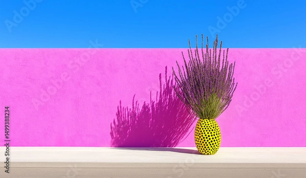Obraz Lavender in a yellow vase with polka dots and sharp shadows. Minimal concept pastel floral still life on pink and blue color block wall.