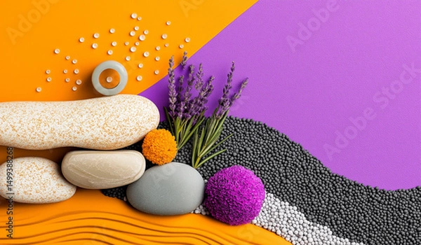Obraz Zen stones with lavender and colorful orbs – modern spa still nature minimal composition evoking relaxation on vibrant textured background.
