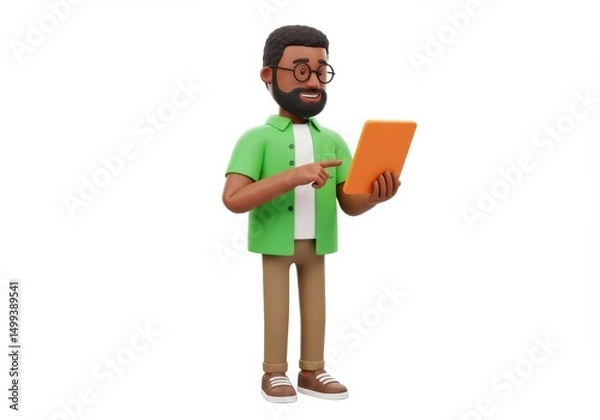 Fototapeta 3D Illustration of Cartoon man with beard and glasses holding an orange tablet isolated on white background