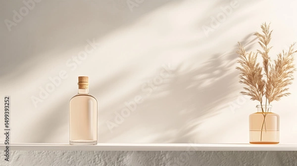 Fototapeta Decorative glass bottle and dried plants on shelf in soft light  