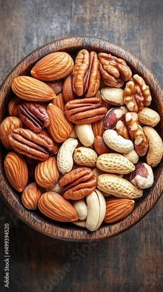 Fototapeta A beautifully arranged bowl of mixed nuts including almonds, pecans, walnuts, and peanuts, perfect for healthy snacking or culinary decoration, enhancing your food presentation.