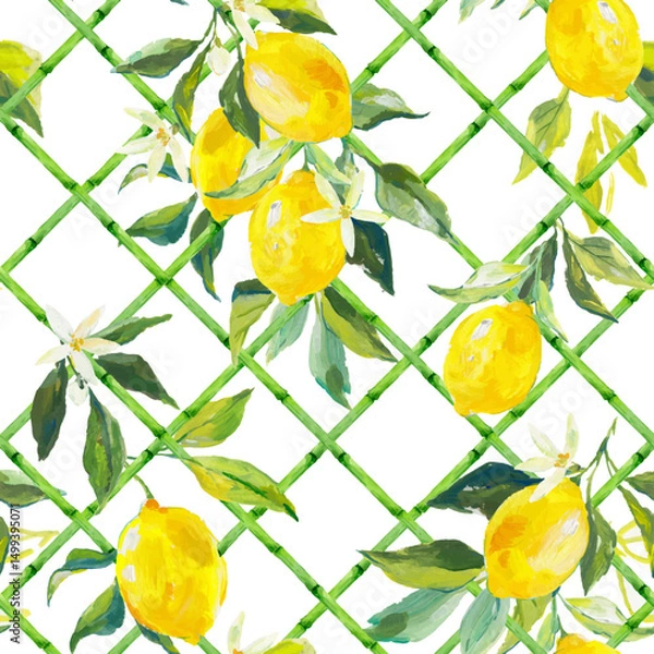 Obraz Beautiful vector seamless pattern with hand drawn bamboo lattice and lemons in vacation style. Ready print design.