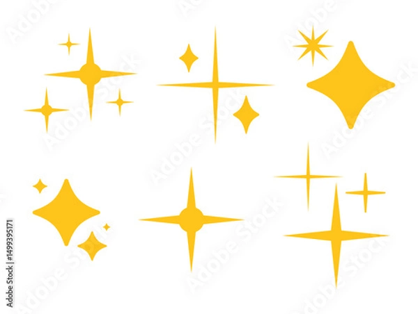 Fototapeta Golden sparkle stars. Set of  minimalist twinkle stars. Stars yellow flat icons. Magic light flare pack for design. Blinking stars, sparks and sparkles. Glint glitter. Shining twinkle sunburst shapes.