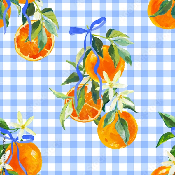 Obraz Beautiful vector seamless pattern colorful summer beach vacation in Capri Italy tropical mood summer, ribbon bow, oranges, Vacation seamless pattern on Striped. Design for all prints