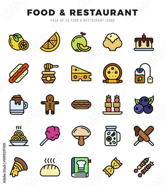 Fototapeta Set of Lineal Color Food and Restaurant Icons. Lineal Color art icon. Vector illustration