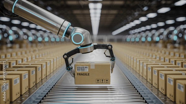 Obraz Robotic arm organizing warehouse packages